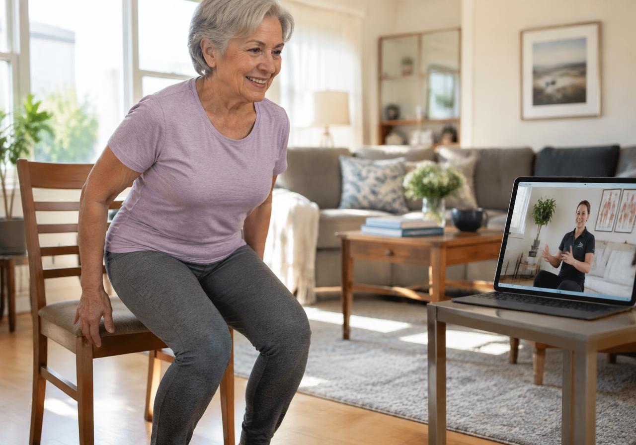 Patient doing a sit-to-stand exercise at home with a coach on video